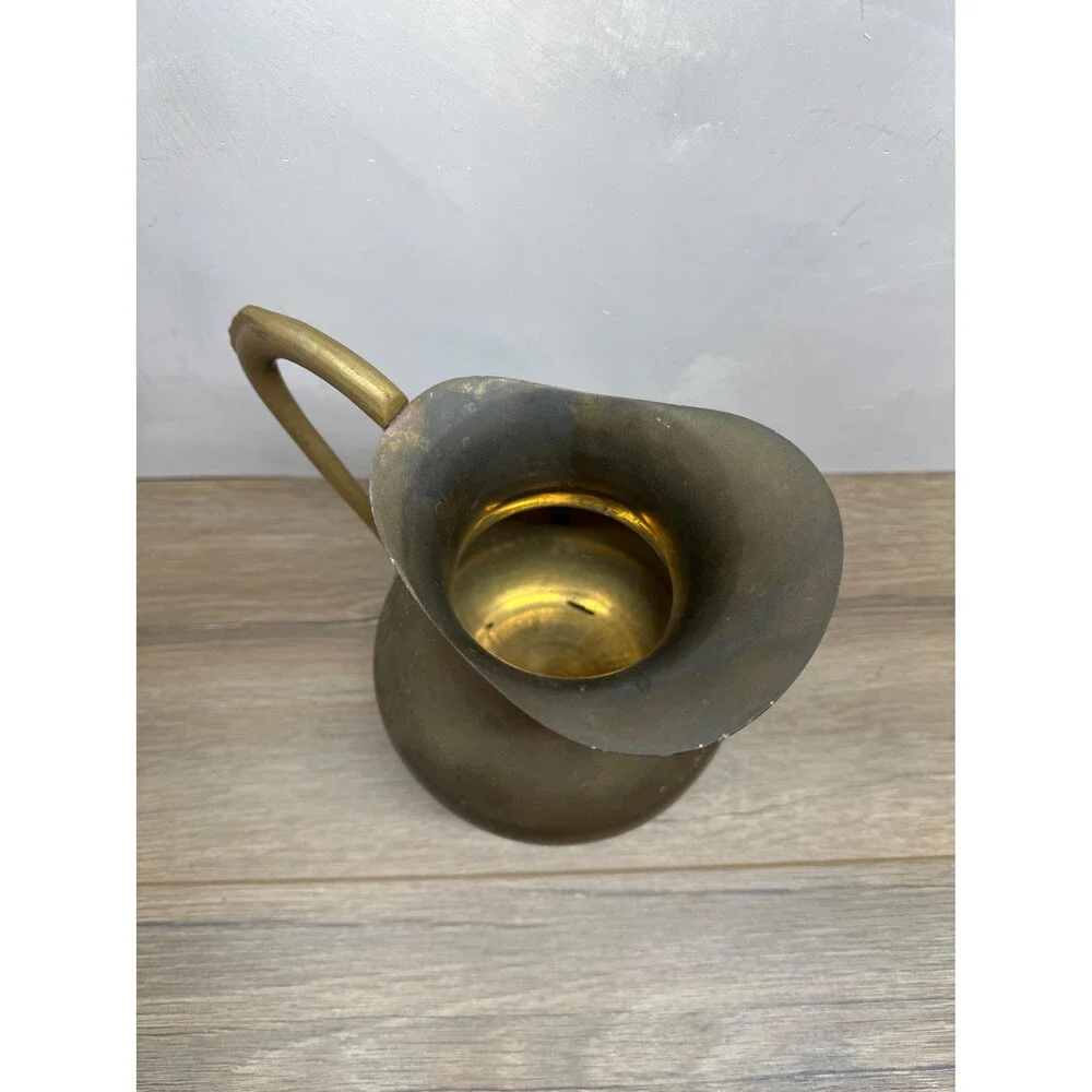 Vintage Aged Solid Brass Pitcher Cast Handle Patina Rustic Decor Vase
